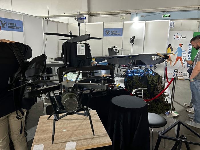Drone systems at a defense technology expo